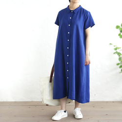 亞麻 2way 短袖襯衫連衣裙（寶藍色）OP04。 第1張的照片