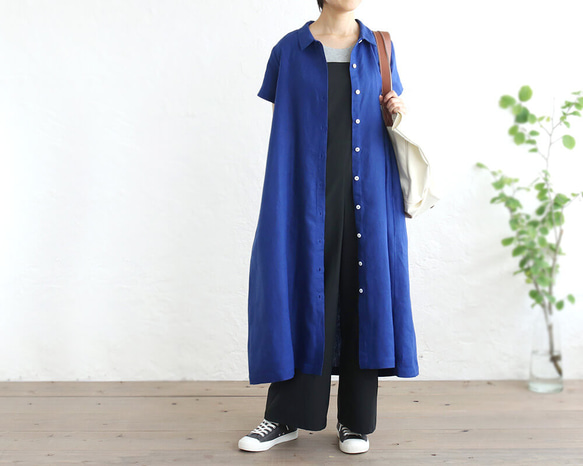 亞麻 2way 短袖襯衫連衣裙（寶藍色）OP04。 第2張的照片