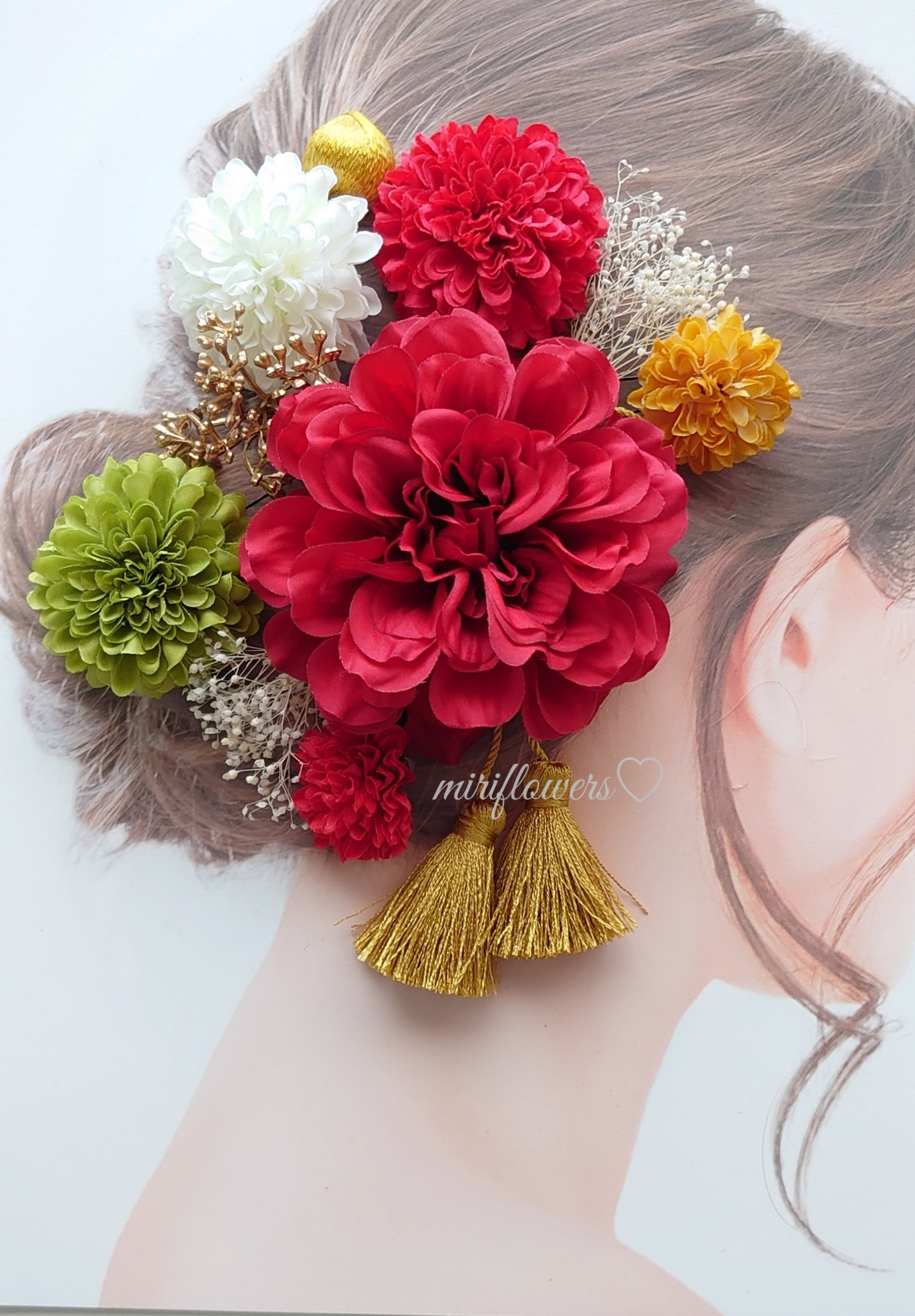 赤いダリア　　髪飾り　結婚式　ウェディング　成人式　卒業式　パーティー　前撮り　アーティフィシャルフラワー