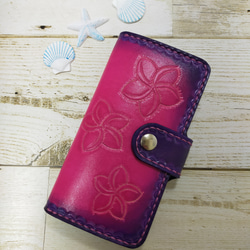 ☆ホヌ☆プルメリア☆本革スマホケース☆ハンドメイド☆オーシャンブルー ☆ホヌ☆プルメリア☆本革スマホケース☆ハンドメイド