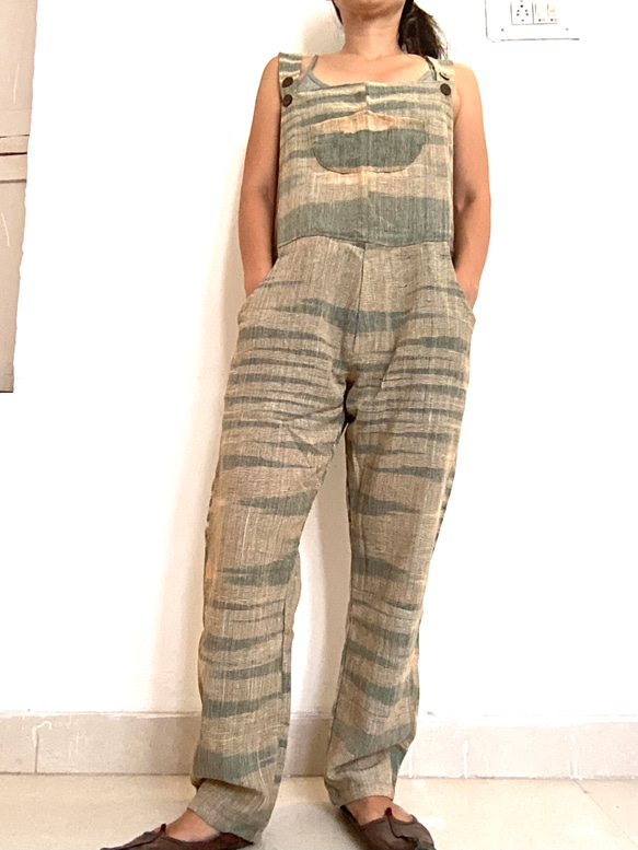手紡ぎ手織り カディコットン オーバーオール オールインワン ジャンプスーツ M サイズ mixカラ 1枚目の画像