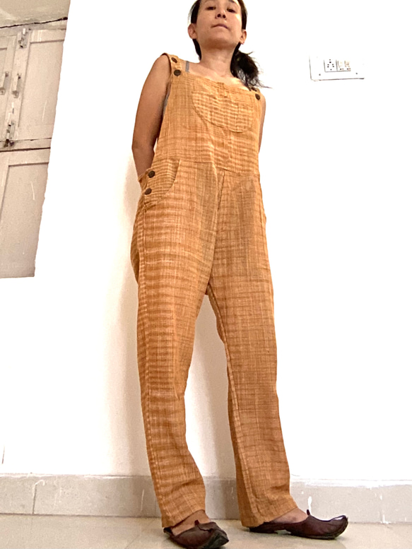 手紡ぎ手織り カディコットン オーバーオール オールインワン ジャンプスーツ M サイズ mixカラ 5枚目の画像