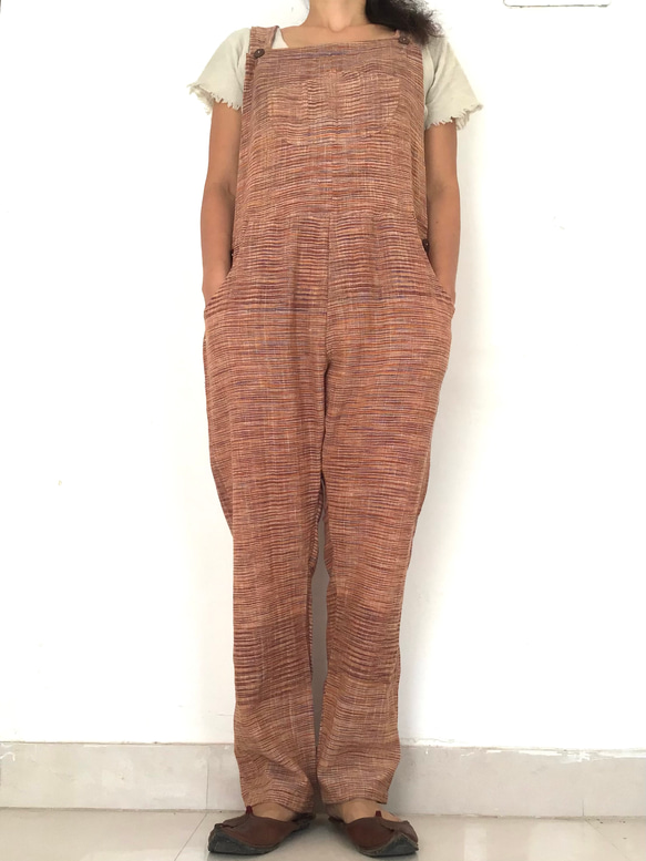 手紡ぎ手織り カディコットン オーバーオール オールインワン ジャンプスーツ M サイズ mixカラ 18枚目の画像