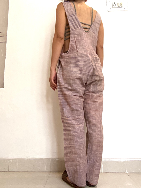 手紡ぎ手織り カディコットン オーバーオール オールインワン ジャンプスーツ M サイズ mixカラ 2枚目の画像