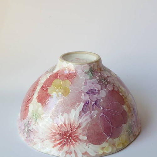 希少品☆工房ゆずりは☆抹茶碗☆ピンクブーケ☆オレンジ☆コーラル 希少品☆工房ゆずりは☆抹茶碗☆ピンクブーケ☆オレンジ