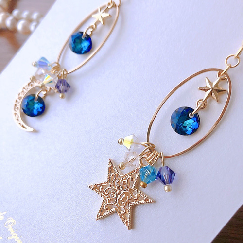 p055c【高品質✧】惑星フープピアス 青 シルバー ムーン スター