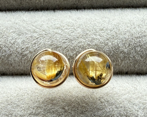 再販】 太陽放射ルチル クォーツ 1粒ピアス 14kgf ピアス
