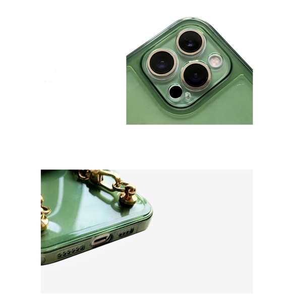 天然シェルポップソケット パールダブルチェーン付き グリーン 緑色 シンプル オリジナルスマホケース 貝殻 真珠 12枚目の画像