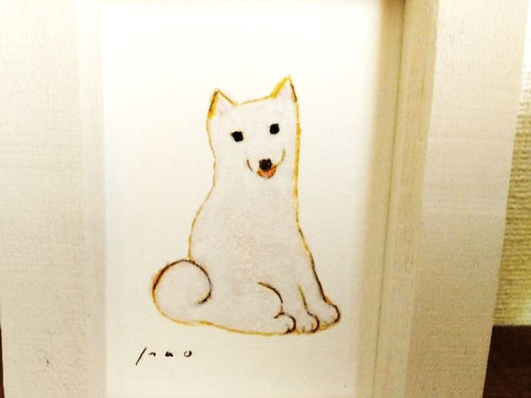 原画「笑う犬（白柴）」※木製ミニ額縁入り 6枚目の画像