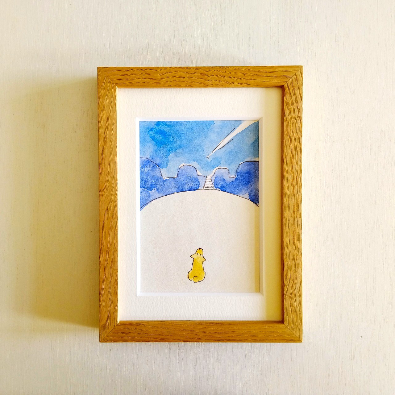 【星に願いをこめて】原画「流れ星」 ※2L木製額縁入り・水彩・インテリアアート・犬の絵