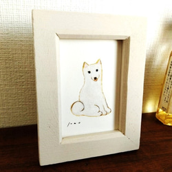 原画「笑う犬（白柴）」※木製ミニ額縁入り 1枚目の画像