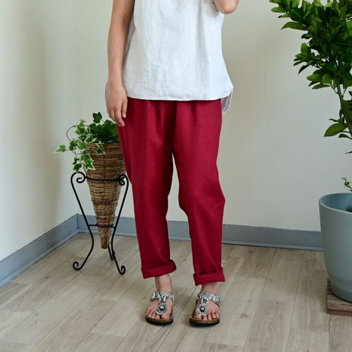 90s CORTIGIANI イタリア製 リネンパンツ チェックパンツ 赤色 90s