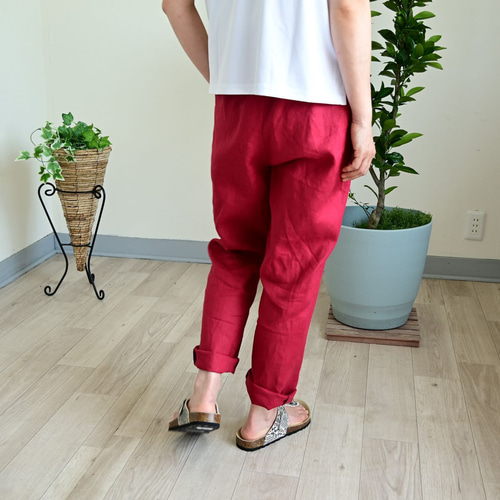 リネン　コージーパンツ・M トマトレッド　ハンドメイド ベーシックデザイン リネンパンツ：レッド ロングパンツ