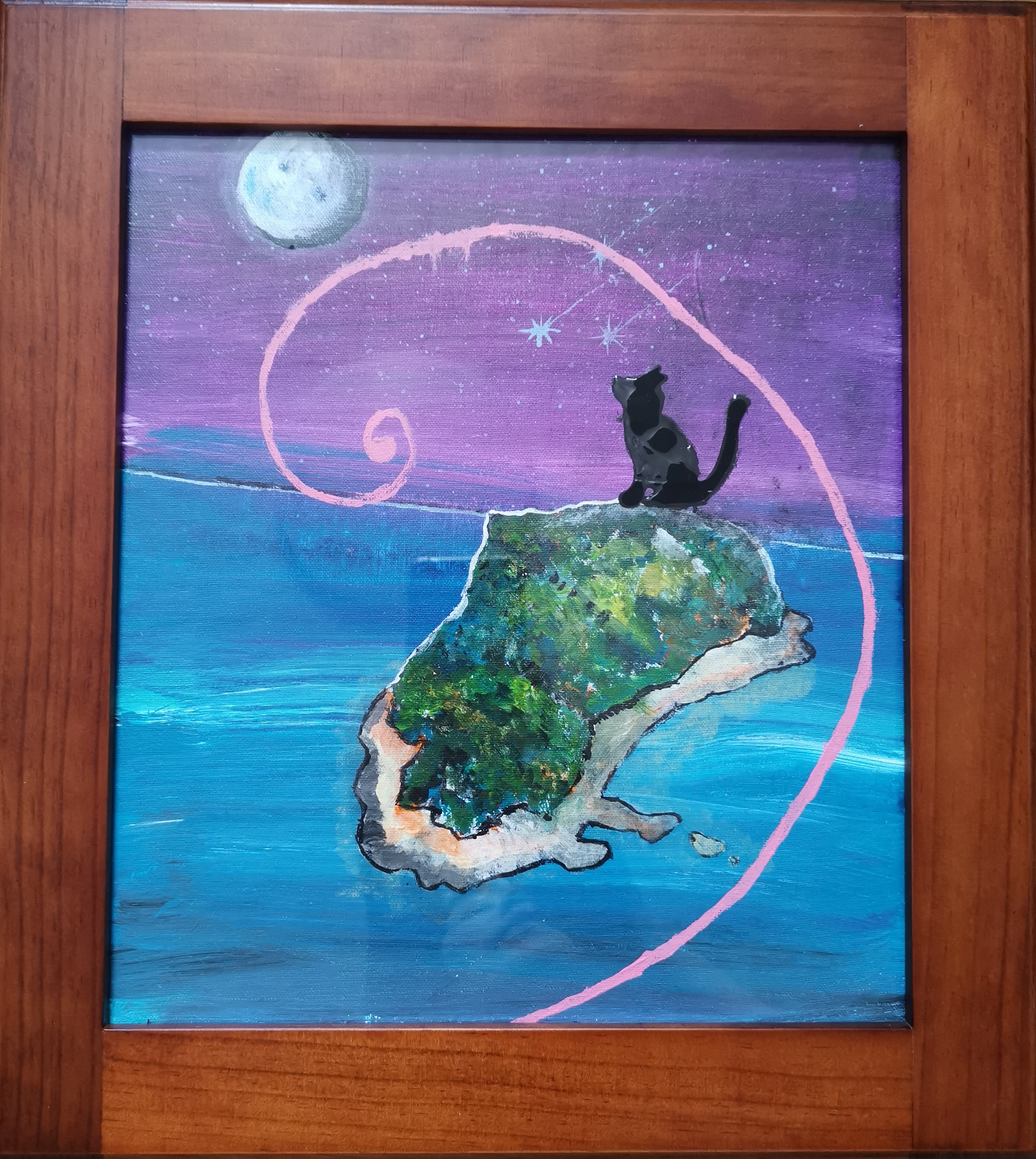 絵画。原画【二匹の猫が一緒にデートの道にきれいな星を探しに