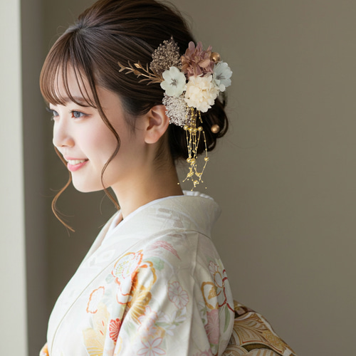 成人式 髪飾り シャンパンピンク×枝垂れパール｜卒業式 袴 和装ヘア No