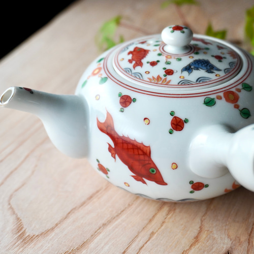 五彩魚花紋茶器セット（急須＆汲み出し5ヶセット）1点限り ポット
