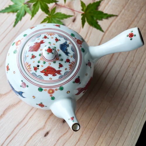 五彩魚花紋茶器セット（急須＆汲み出し5ヶセット）1点限り