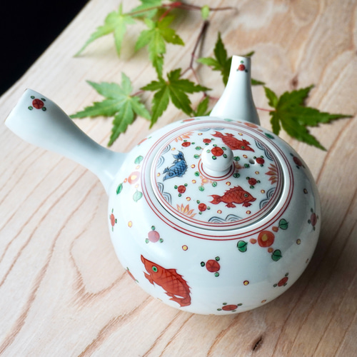 五彩魚花紋茶器セット（急須＆汲み出し5ヶセット）1点限り ポット