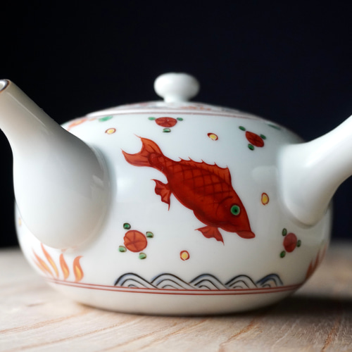 五彩魚花紋茶器セット（急須＆汲み出し5ヶセット）1点限り ポット