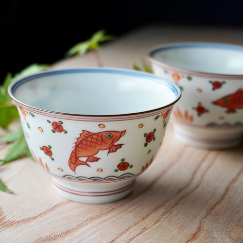 五彩魚花紋茶器セット（急須＆汲み出し5ヶセット）1点限り ポット