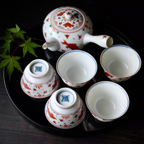 五彩魚花紋茶器セット（急須＆汲み出し5ヶセット）1点限り ポット