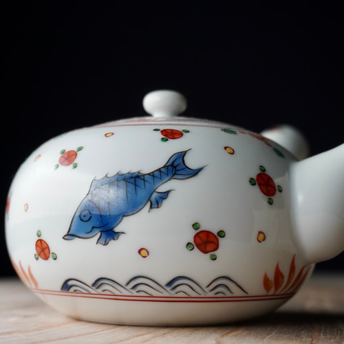 五彩魚花紋茶器セット（急須＆汲み出し5ヶセット）1点限り ポット