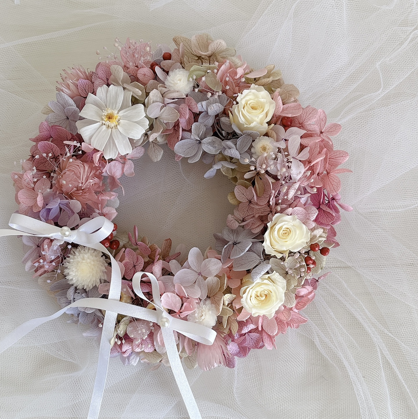 くすみピンク紫陽花リース プリザーブドフラワー リングピロー