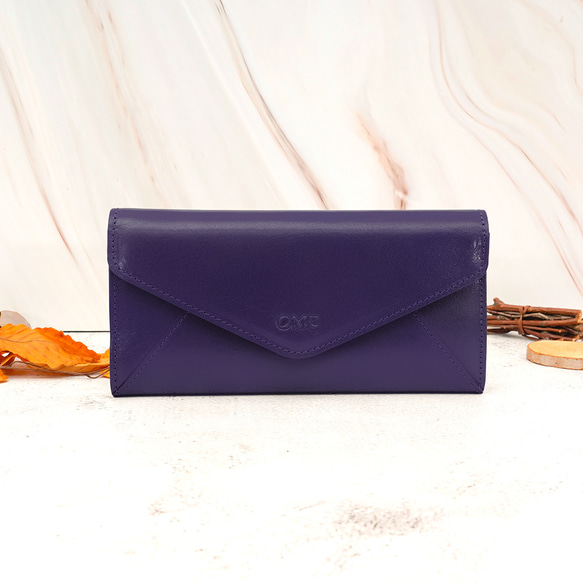 【OMC】義大利植鞣革信封式三折牛皮長夾(95115紫色) 第1張的照片