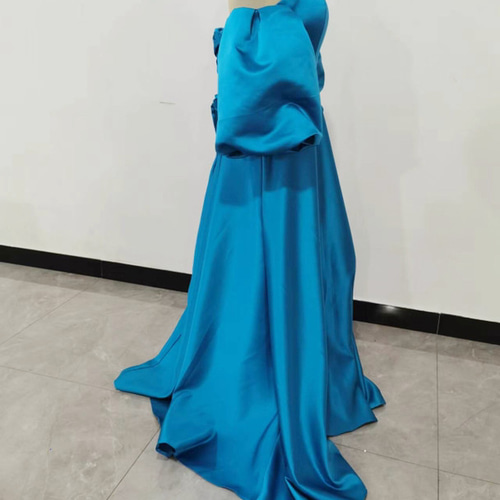 高品質！ カラードレス 青/ブルー ベアトップ パフスリーブ 前撮り 2次  