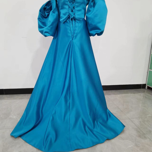 高品質！ カラードレス 青/ブルー ベアトップ パフスリーブ 前撮り 2次  