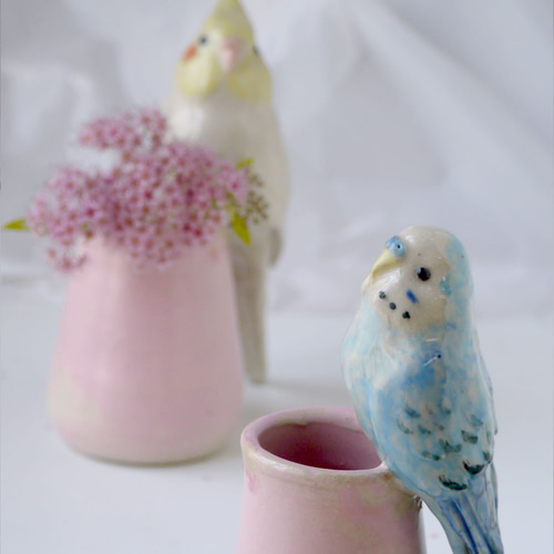セキセイインコの一輪挿し （陶器の小鳥オブジェ） 一輪挿し・花瓶