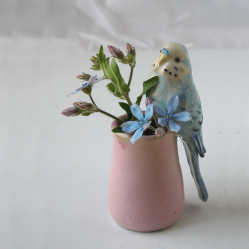 セキセイインコの一輪挿し （陶器の小鳥オブジェ） 一輪挿し・花瓶