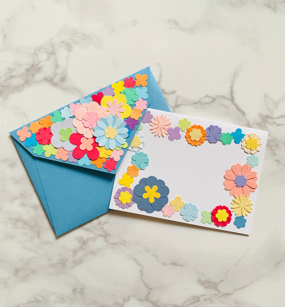 お花がいっぱい　ミニメッセージカード&封筒　母の日・バースデーカード等　ブルー 1枚目の画像
