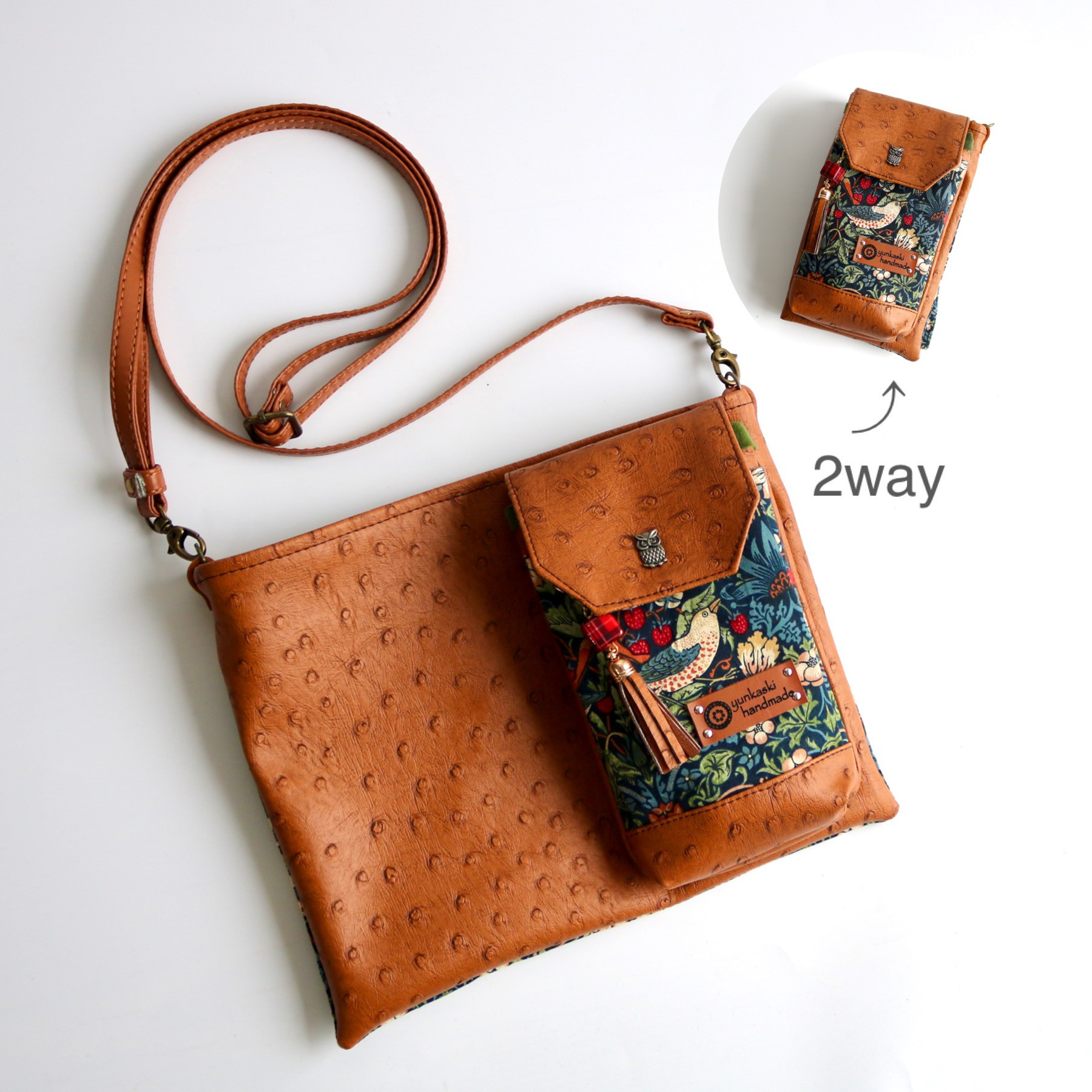 二つ折りにするとコンパクトになる2wayポシェット　ウィリアムモリス・いちご泥棒