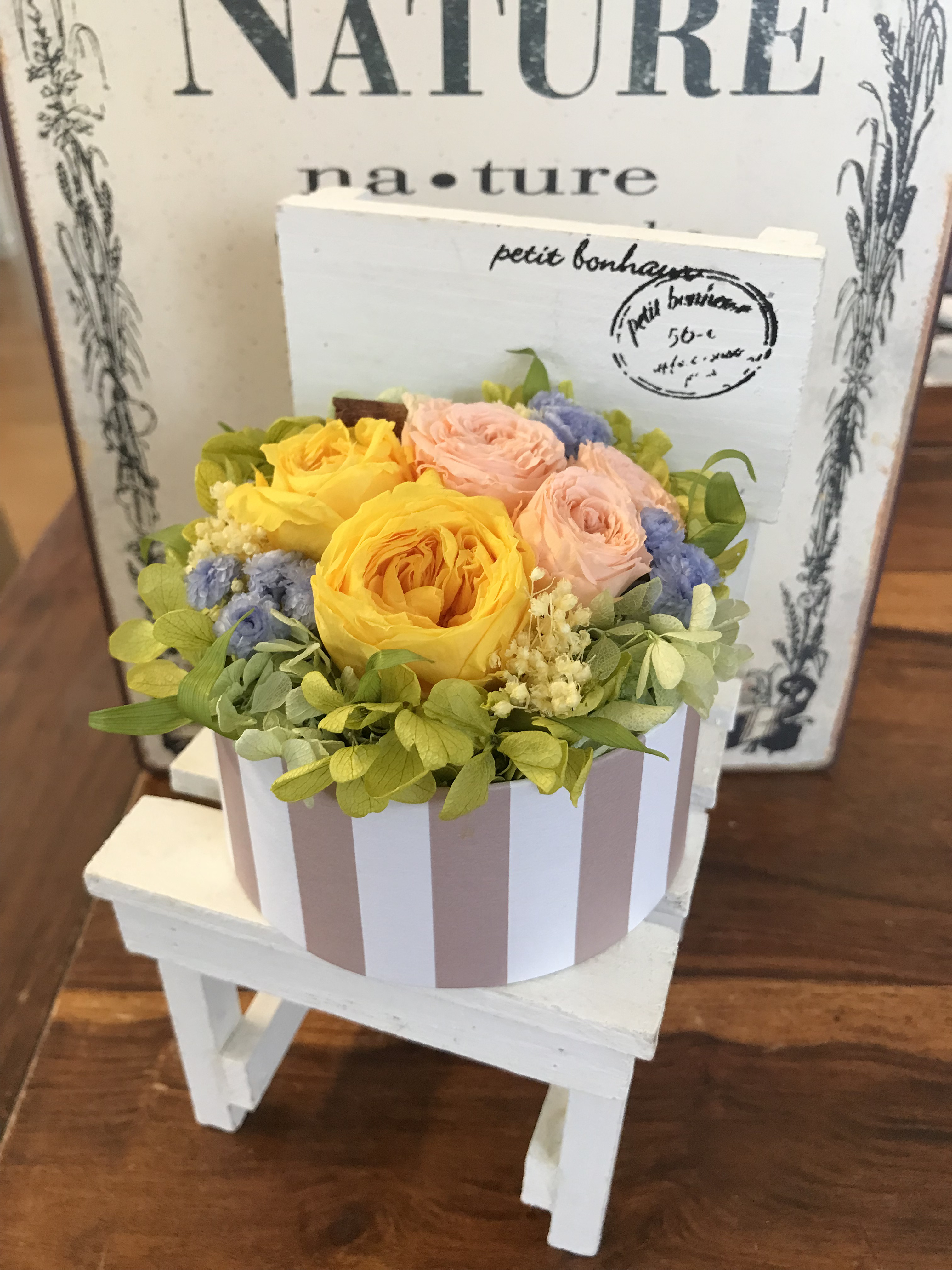 白いミニチェアとプリザーブドフラワー　お誕生日　クリスマス　母の日　ギフト