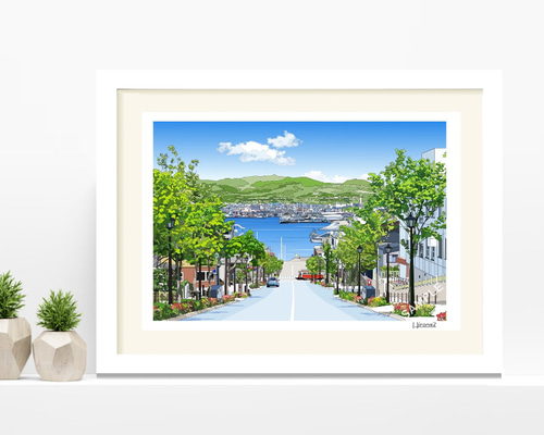 水彩画 函館弥生坂の風景　サイズは38✕53cm f08cd130b2986539a2028e567243ff