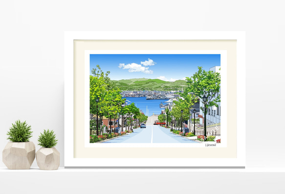 A3サイズ「函館八幡坂」ハクバ（ホワイト） 絵画 hiroma2 通販