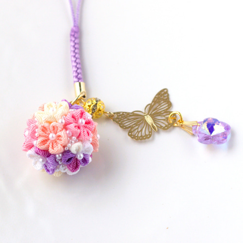 ミニチュア着物ストラップ　つまみ細工　つまみ花　花魁着物チャーム　ストラップ ❁芝桜ブーケ根付けストラップ大人かわいいつまみ細工❁和装・着物