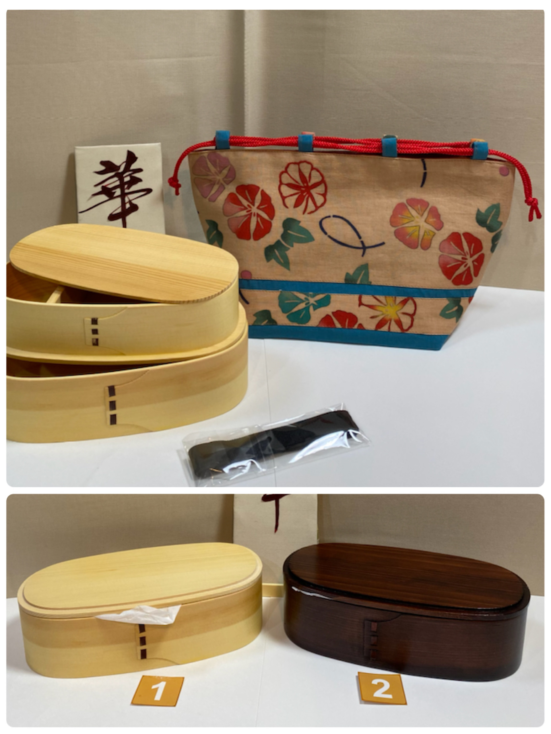 朝顔　柿渋染め4点セット　わっぱ弁当箱　和柄巾着　ゴムバンド   箸袋　①白杉ニ段弁当箱②漆ニ段弁当箱選択できます、