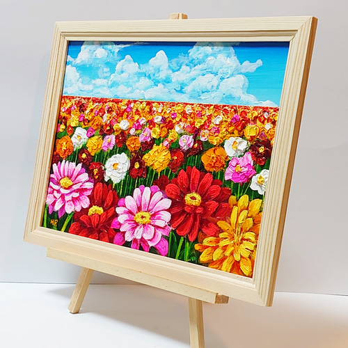 油絵 絵画 【ジニアのお花畑】 絵画 HR 通販 14040589｜Creema