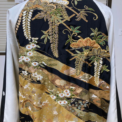 着物リメイクスカジャン 横振り刺繍 藤の花 リバーシブル 留袖リメイク