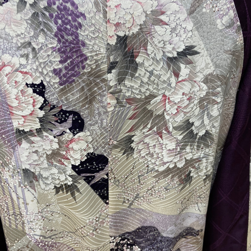 着物リメイクスカジャン 横振り刺繍 藤の花 リバーシブル 留袖リメイク