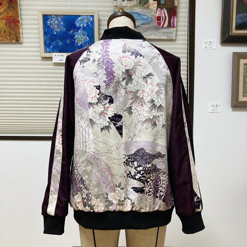 着物リメイクスカジャン 横振り刺繍 藤の花 リバーシブル 留袖リメイク