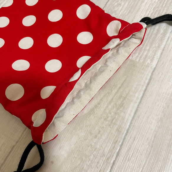 サイズ・紐選べる 巾着袋 赤水玉 両紐 ブラック 3枚目の画像