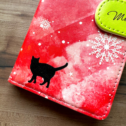 雪と猫の手帳型スマホケース（レッド）全機種対応 手帳型 スマホケース iphone14 iphone15 猫 SE3 4枚目の画像