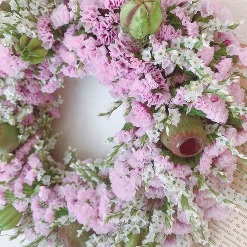 ドライフラワー☆2種のスターチスいっぱい大人なリースユーカリ