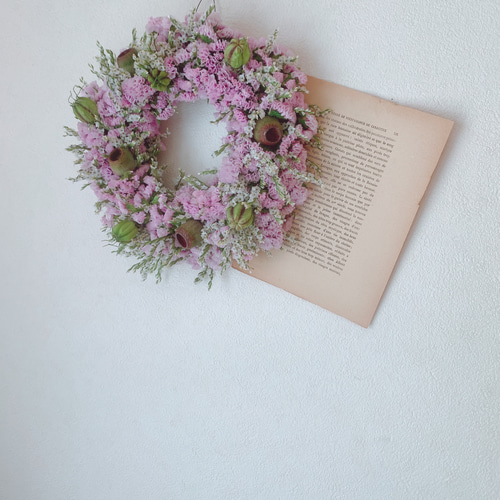 ドライフラワー☆2種のスターチスいっぱい大人なリースユーカリ