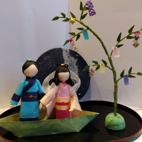 七夕　七夕飾り　ハンドメイド　木工　織姫と彦星　人形　置物　笹の葉　短冊　和紙 七夕 七夕飾り ハンドメイド 木工 織姫と彦星 人形 置物 笹の葉