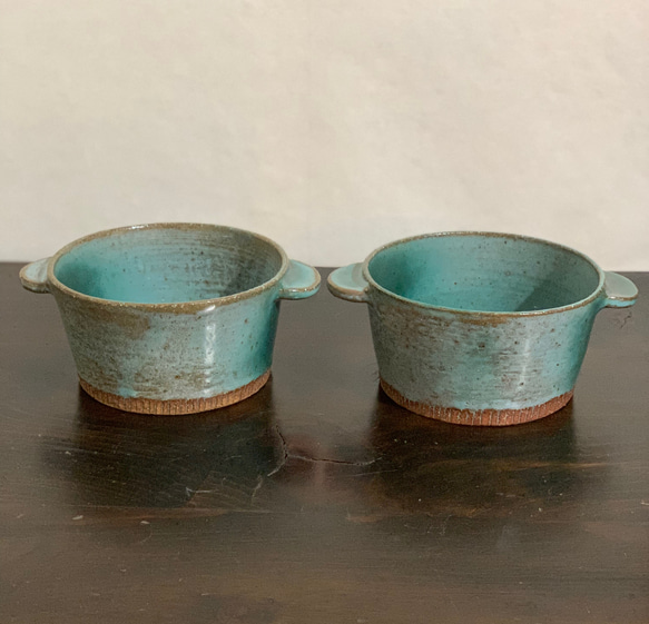 陶器　緑青のスープカップ 2枚目の画像