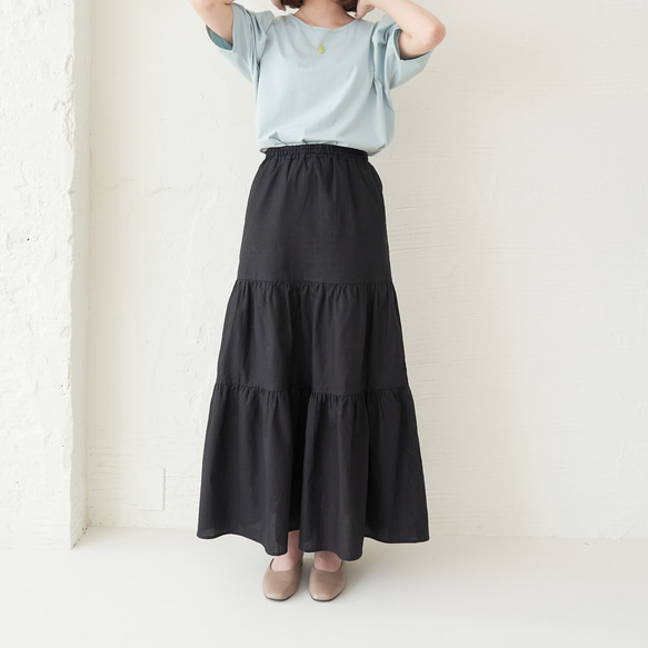 Morino Gakko 亞麻棉疊層裙 [黑色] 第4張的照片